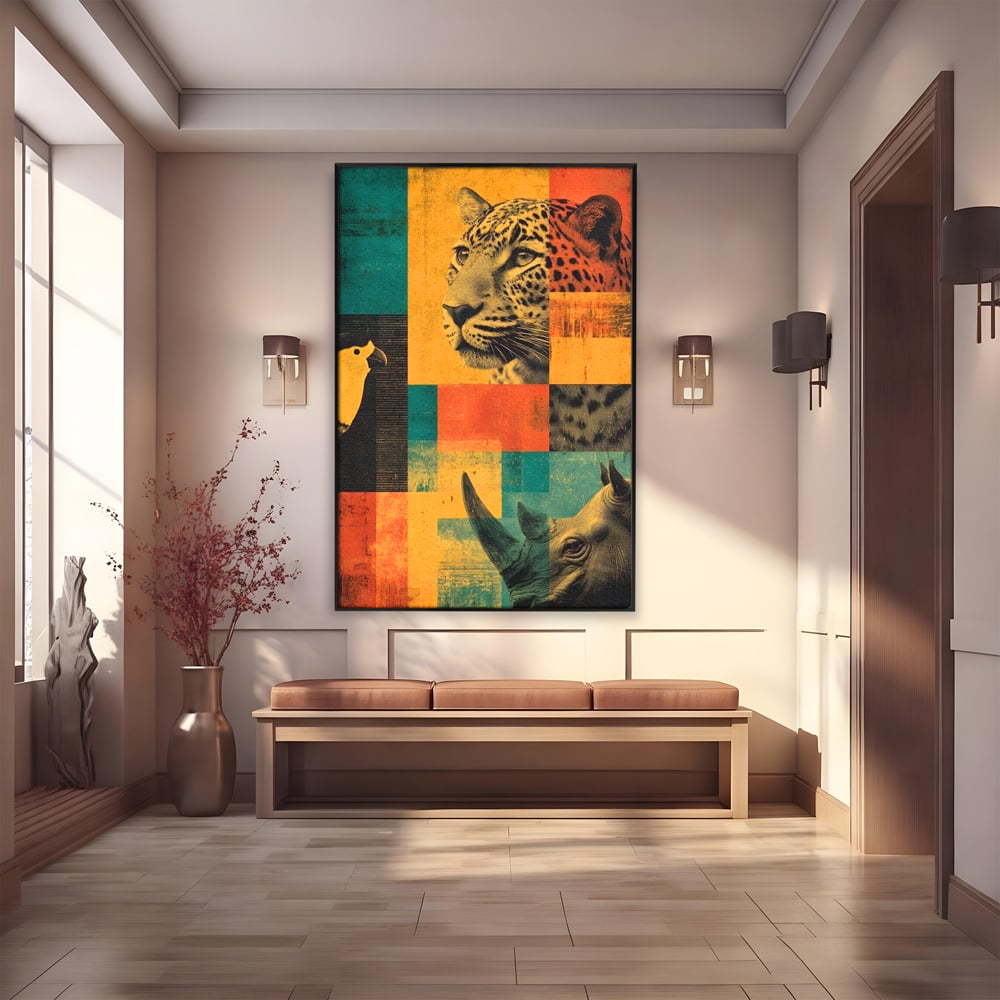 Tablou canvas cu tablou vertical cu leopard si rinocer, in rama de aluminiu negru